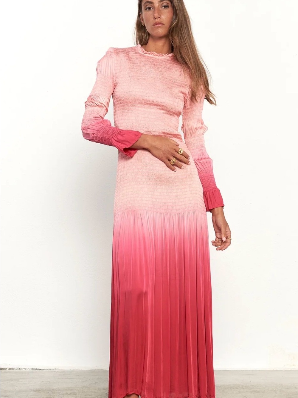 PAR & ESCALA Leandra Pink Ombré Smocked Maxi Dress S Rare